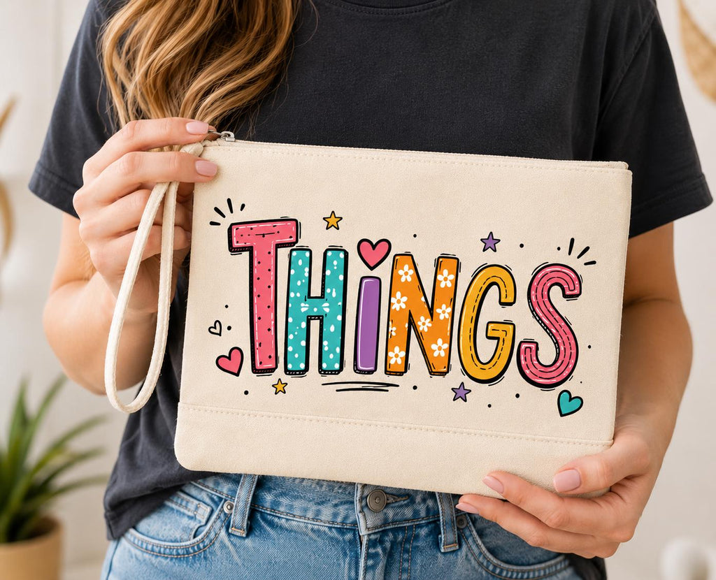 Things Canvas Zipper Pouch. Cute Makeup Bag. Cosmetic Bag. Travel Toiletry Bag. Fun Doodle Wristlet. Gift for Her.