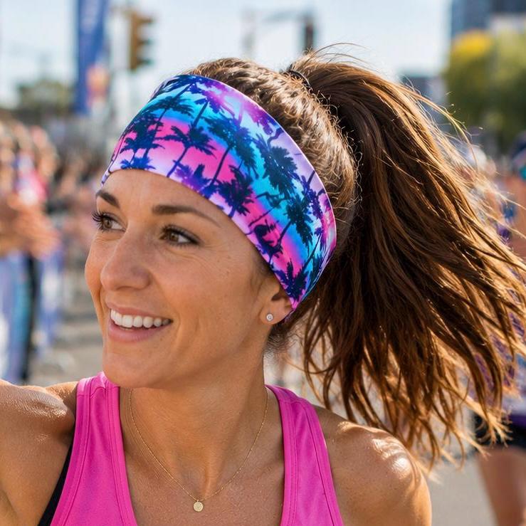 Tropical Running Headband. Moisture-Wicking Workout Headband. Colorful Palm Tree Headband. Beach Gift for Runner. Pink Gym Workout headband.