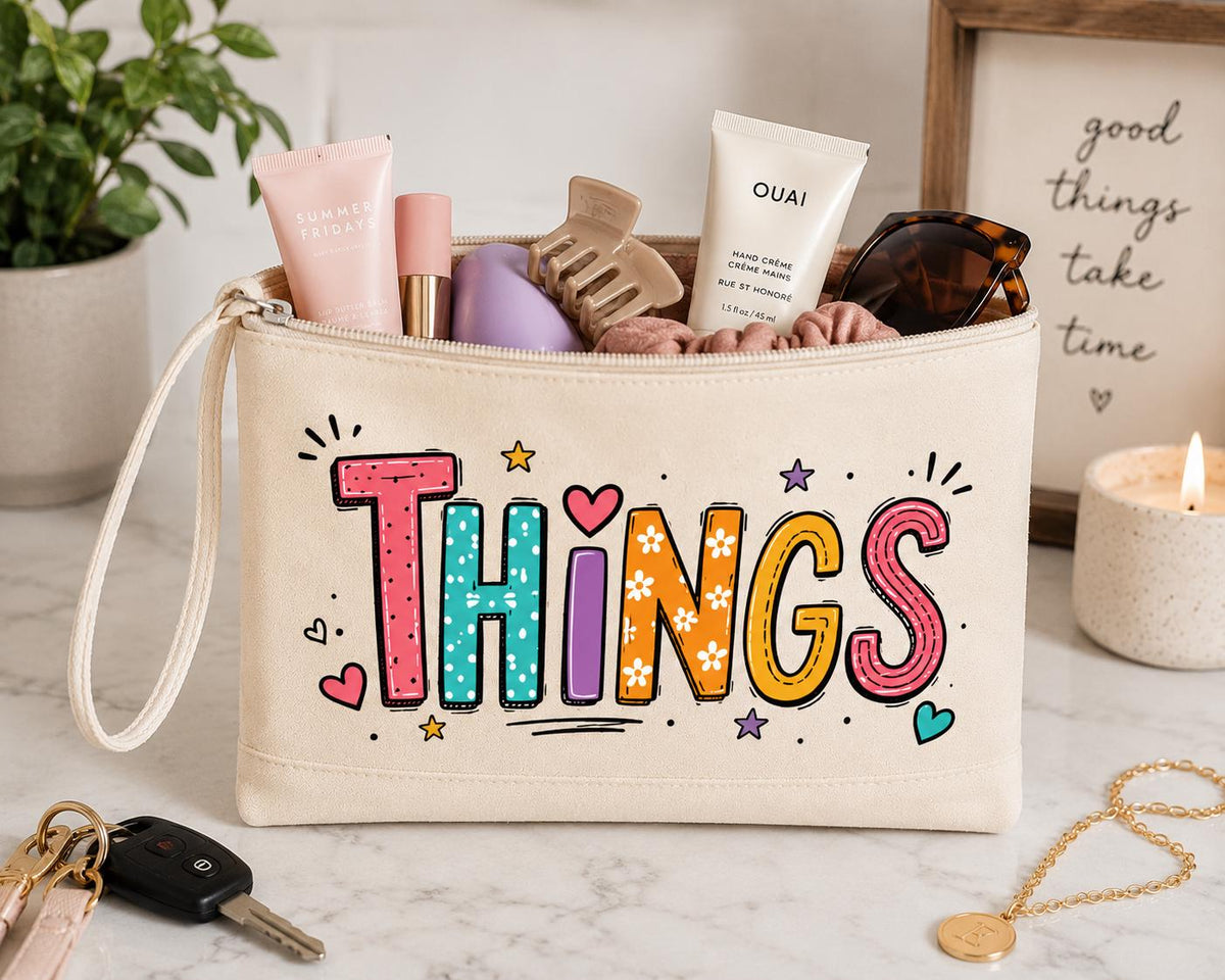 Things Canvas Zipper Pouch. Cute Makeup Bag. Cosmetic Bag. Travel Toiletry Bag. Fun Doodle Wristlet. Gift for Her.