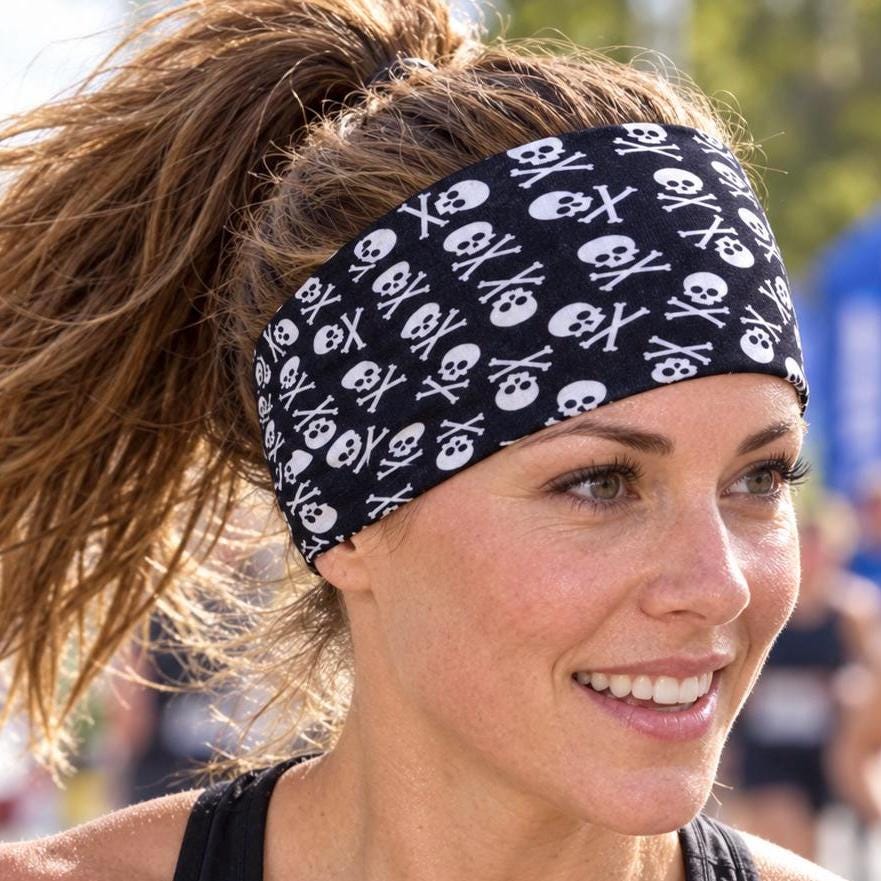 Skull and Crossbones Moisture Wicking Headband For Running. Non Slip Workout Headband. Sweat Wicking Unisex Headband. Skeleton Headband