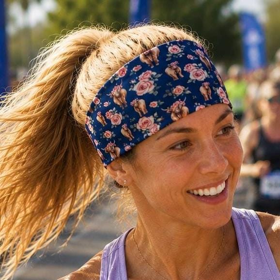 Highland Cow Running Headband. Floral Non-Slip Athletic Headband. Moisture-Wicking Workout Headband. Farm Girl Cow Headband. Farm Gifts
