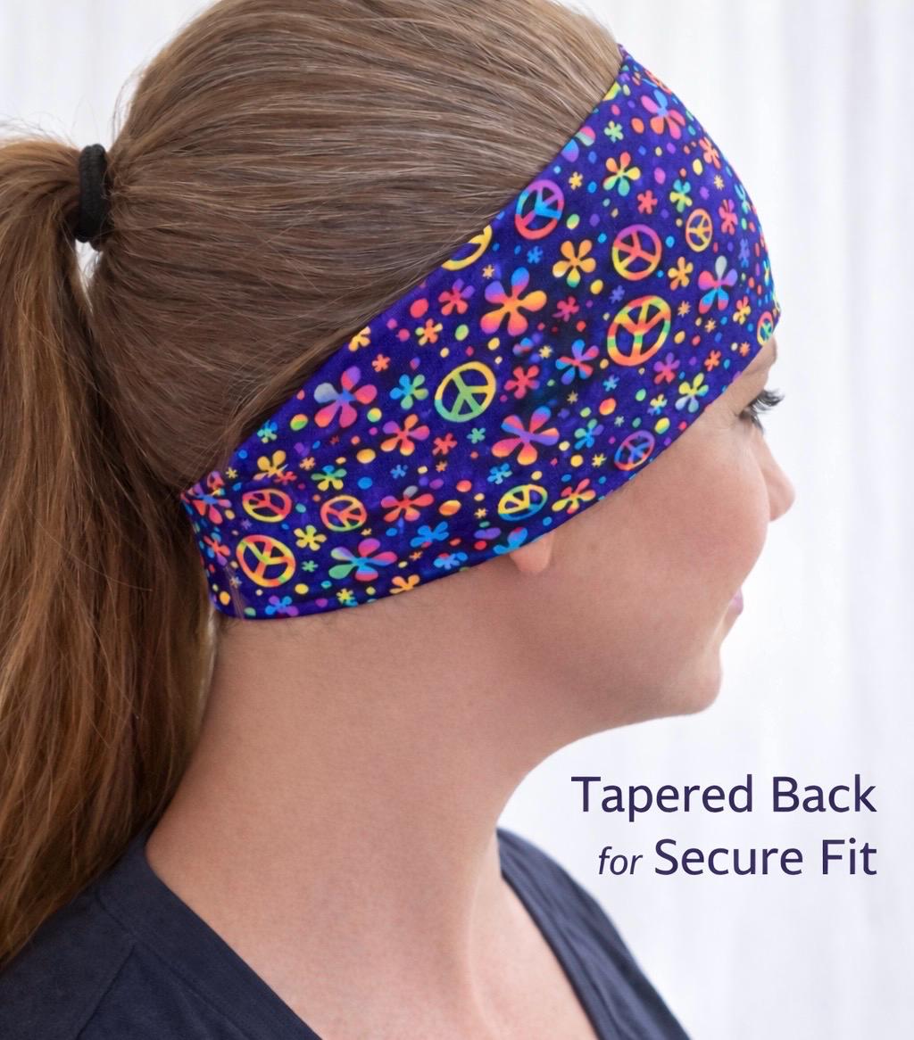 Peace Sign Headband for Runners, Moisture Wicking Non-Slip Athletic Headband, Disco Headband. Workout Headwrap. Hippie Costume Headband