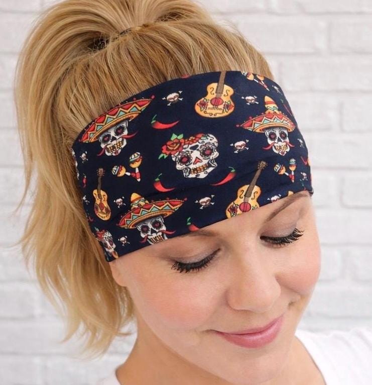 Cinco De Mayo Headband, Fiesta Headband, Non Slip Running Headband, Wide Workout Headband, Skull Headband for Bikers