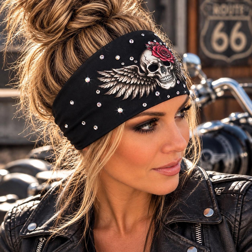 Biker Skull Headband. Motorcycle Moisture Wicking  Headband, Skull Headband Gift for Bikers. Bling Headband. Skull and Roses Biker Headband