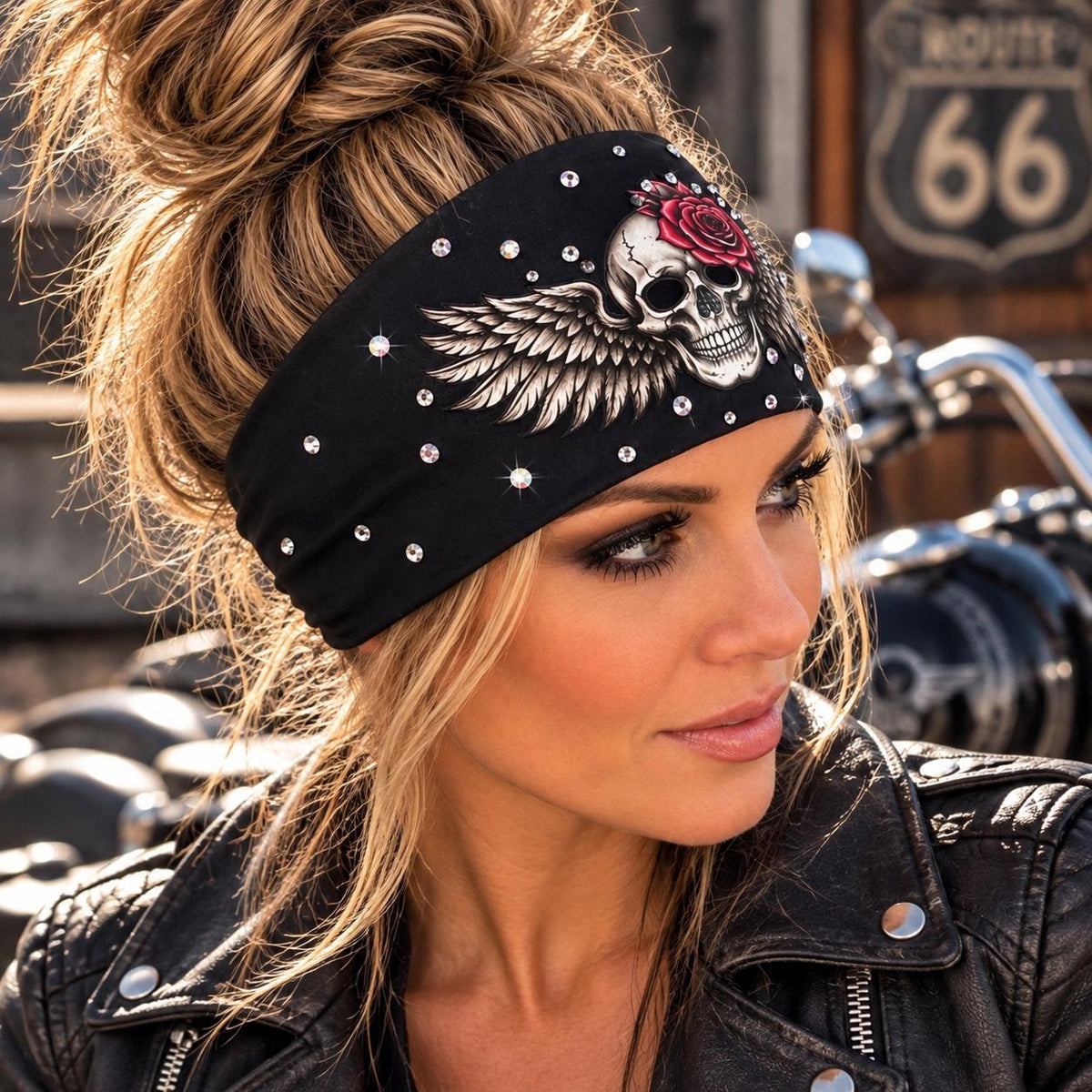 Biker Skull Headband. Motorcycle Moisture Wicking  Headband, Skull Headband Gift for Bikers. Bling Headband. Skull and Roses Biker Headband