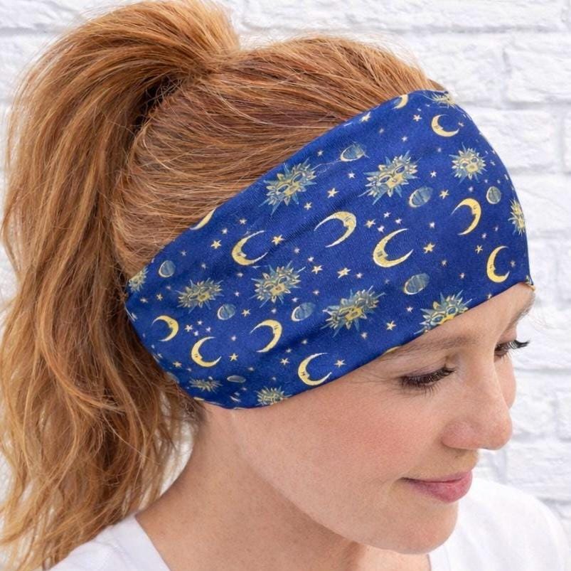 Running Headband – Celestial Moon & Stars – Non Slip Workout Headband – Tapered Back Athletic Headband – Wide Fitness Hair Band