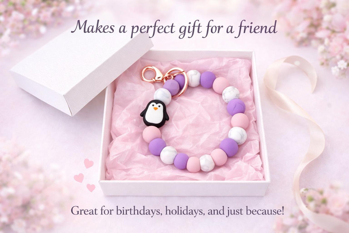 Penguin Silicone Beaded Wristlet Keychain. Penguin Keychain Bracelet – Custom Beaded Wristlet – Choose Your Colors – Cute Gift for Friend,