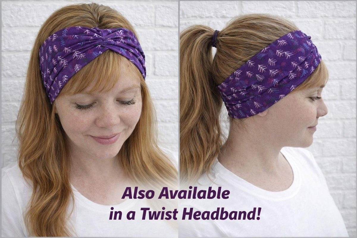 Pine Tree Print Headband for Runners, Moisture Wicking Non-Slip Athletic Headband, Trail Runner Gift, Workout Headwrap. Purple Headband
