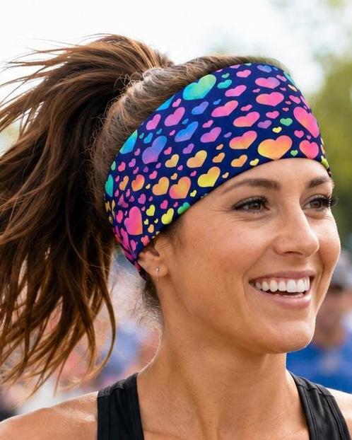 Rainbow Hearts moisture wicking, non slip, athletic headband, Running Headband. Yoga headband. Womens workout headband. Nurse headband.