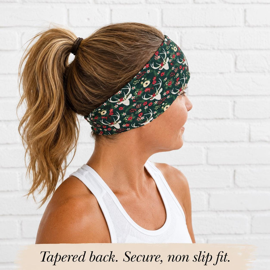 Christmas Reindeer Running Headband, Holiday Workout Headband, Festive Deer Floral Athletic Headband, Moisture Wicking Gift for Runner