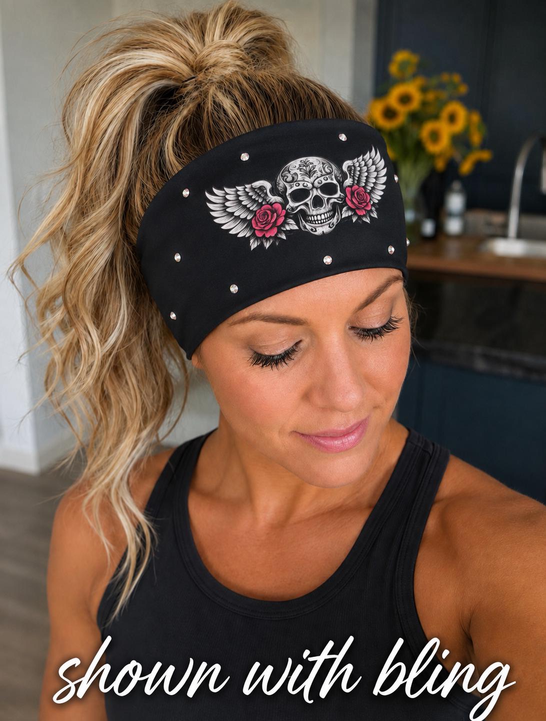 Biker Skull Headband. Motorcycle Moisture Wicking  Headband, Skull Headband Gift for Bikers. Bling Headband