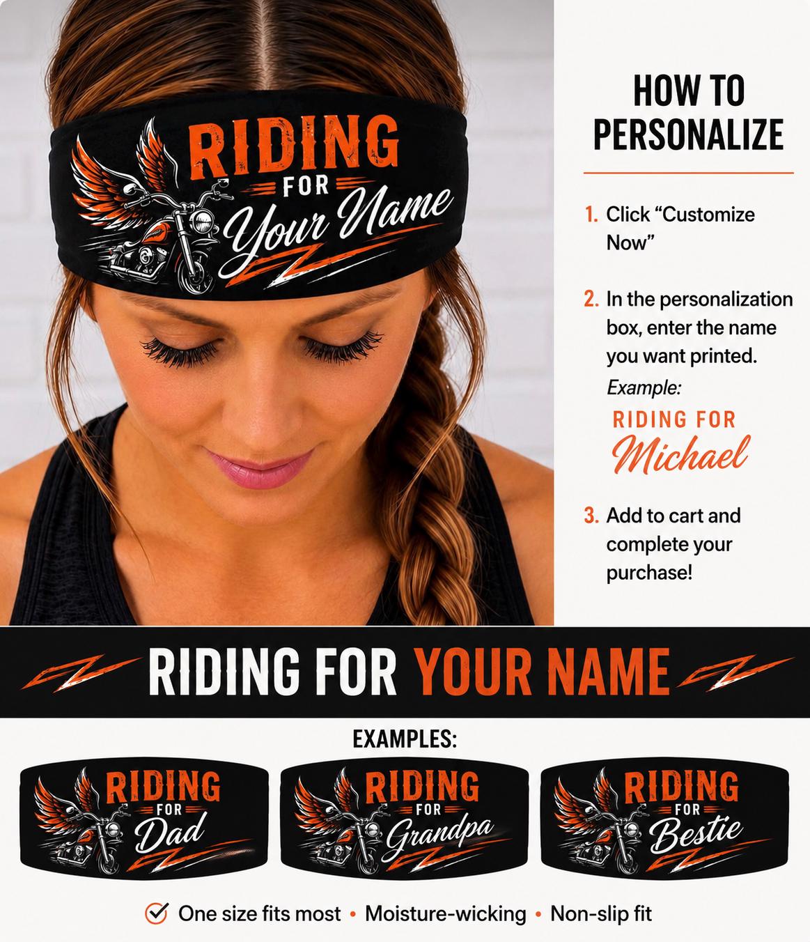 Personalized Motorcycle In Memory of Moisture Wicking Headband.  Non Slip Riding  headband. Biker Headband. Customized Headband