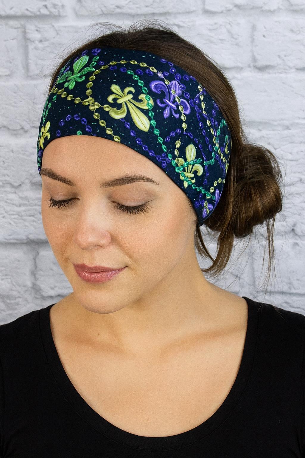 Mardi Gras Running Headband – Moisture Wicking, Nonslip Workout Headband – Purple Green Gold Festival Hairband – Fleur de Lis Fitness