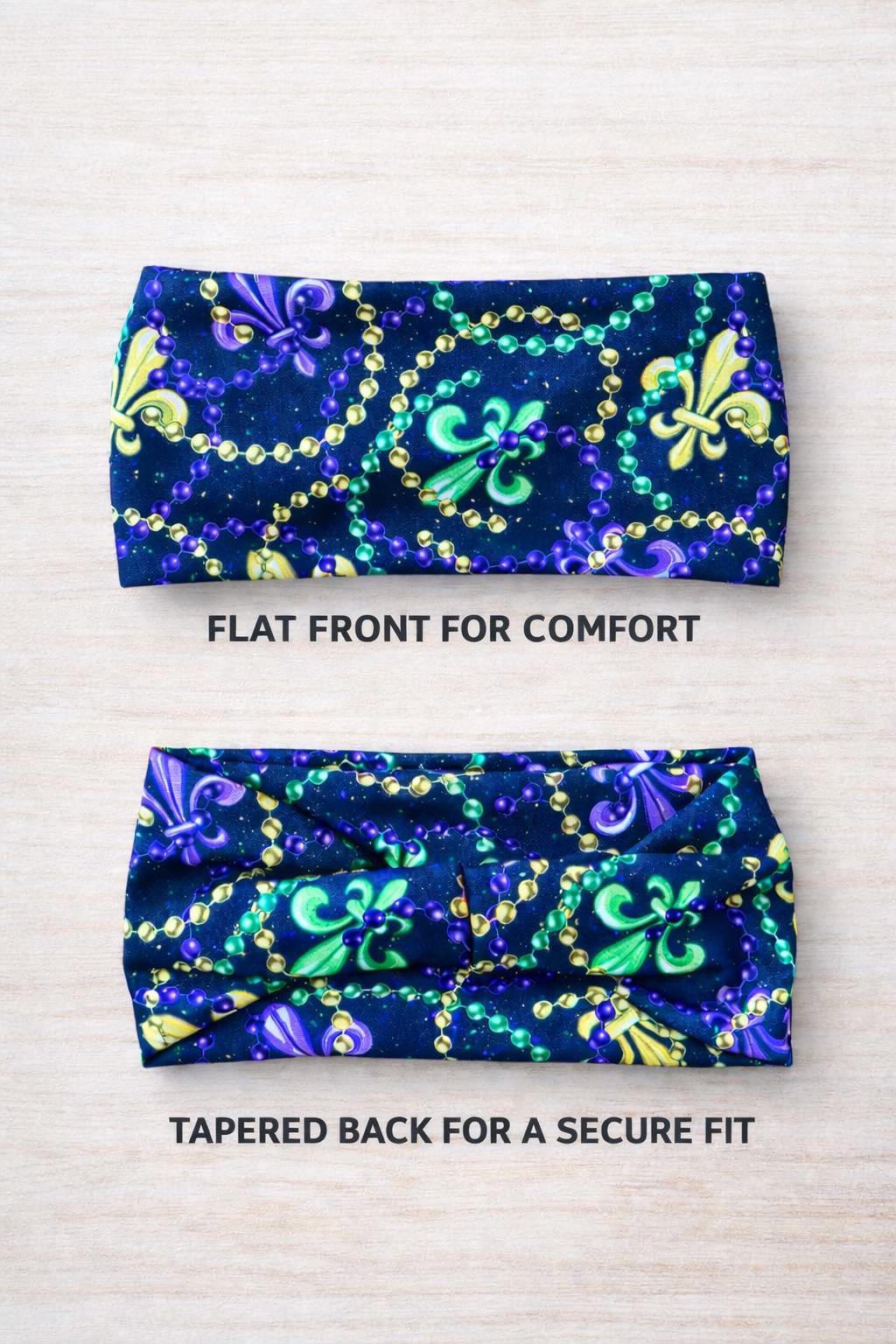 Mardi Gras Headband – Running & Workout Moisture-Wicking Fitness Headband – Purple Green Gold Fleur de Lis – Nonslip Festival Hairband