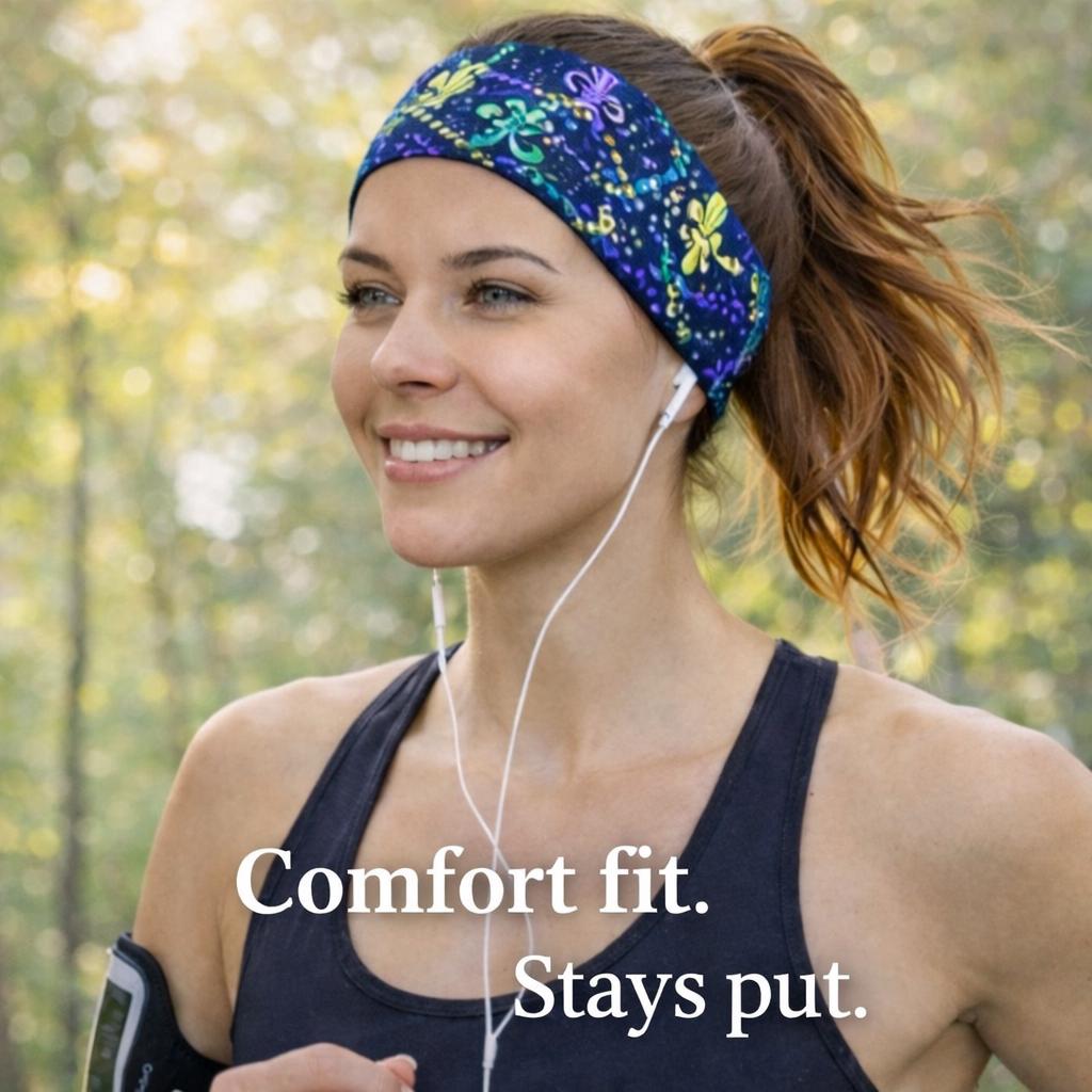 Mardi Gras Headband – Running & Workout Moisture-Wicking Fitness Headband – Purple Green Gold Fleur de Lis – Nonslip Festival Hairband