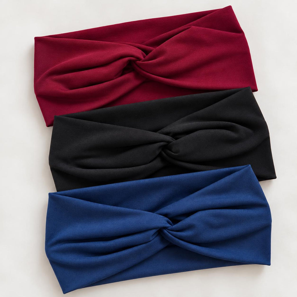 Classic Colors Twist Headband Bundle – Set of 3 Wide Stretch Headbands, Red Black Navy Blue, Soft Comfortable Women’s Hair Accessories